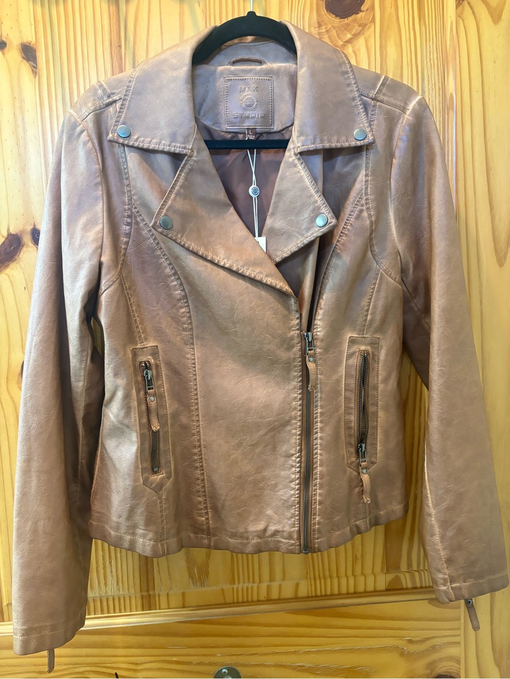 Max Studio Copper Brown Faux Leather Bomber Jacket
